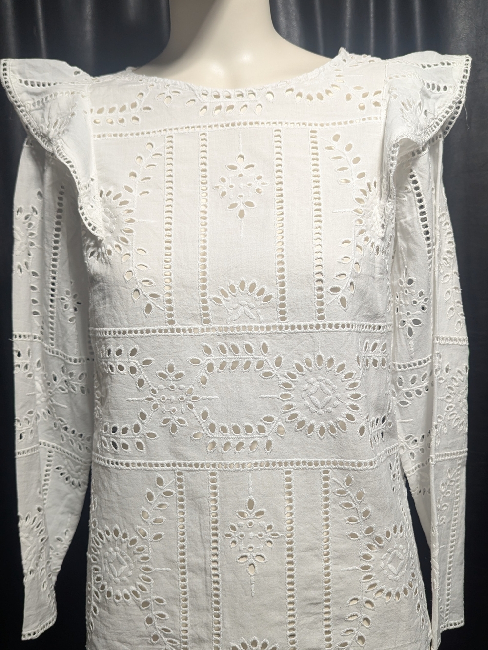 NWT The Kooples Paris White Eyelet Lace Ruffle Shoulder Top - Size 0 / XS